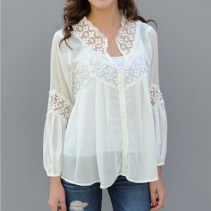 Sheer Button Up Blouse with Embellished Sleeves M